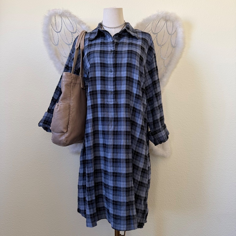 Dark Cottagecore Plaid Button Up‎ Shirt Dress Blue Black Long Sleeve Oversized